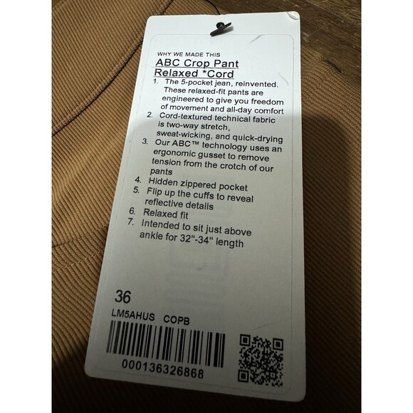 NWT Lululemon ABC Relaxed-Fit Crop Pant Cord Copper Brown Mens 36 - Picture 4 of 11